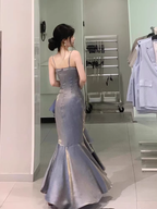 Chic High Low Spaghetti Straps Gray Blue Long Prom Dress Birthday Outfits