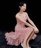 Chic High Low Spaghetti Straps Pink Knee Length Prom Dresses Birthday Outfits