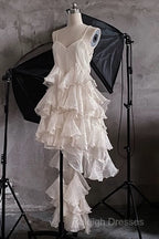 Chic High Low Spaghetti Straps Prom Dresses Birthday Dress With Ruffles