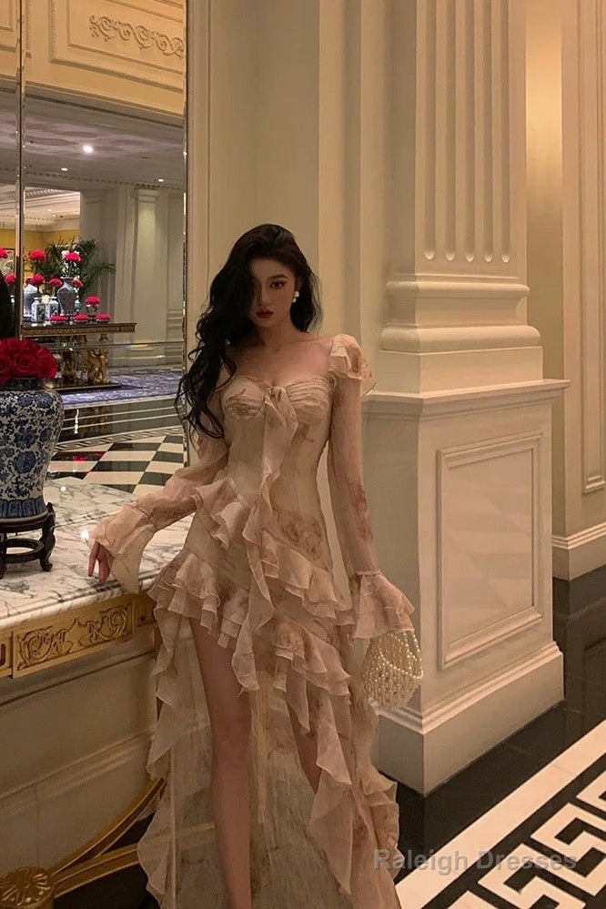 Chic High Low Sweetheart Long Sleeves Floral Ruffles Chiffon Prom Dresses Birthday Outfits Secondary image