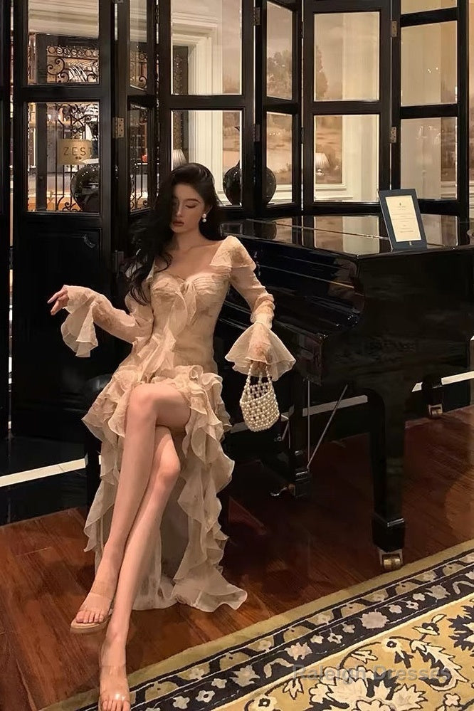 Chic High Low Sweetheart Long Sleeves Floral Ruffles Chiffon Prom Dresses Birthday Outfits