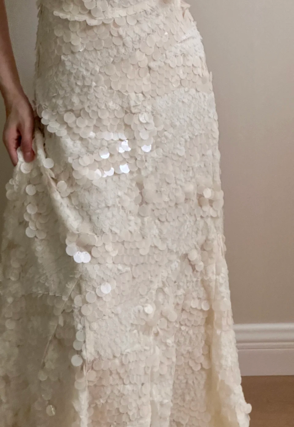 Chic Ivory Fitted Spaghetti Strap Sequined Long Formal Prom Dress Bridesmaid Dress