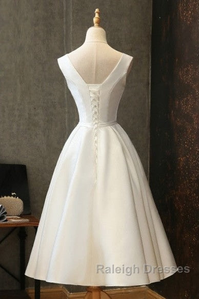 Chic Lace Up Tea Length Vintage Satin Ivory Wedding Dress Secondary image