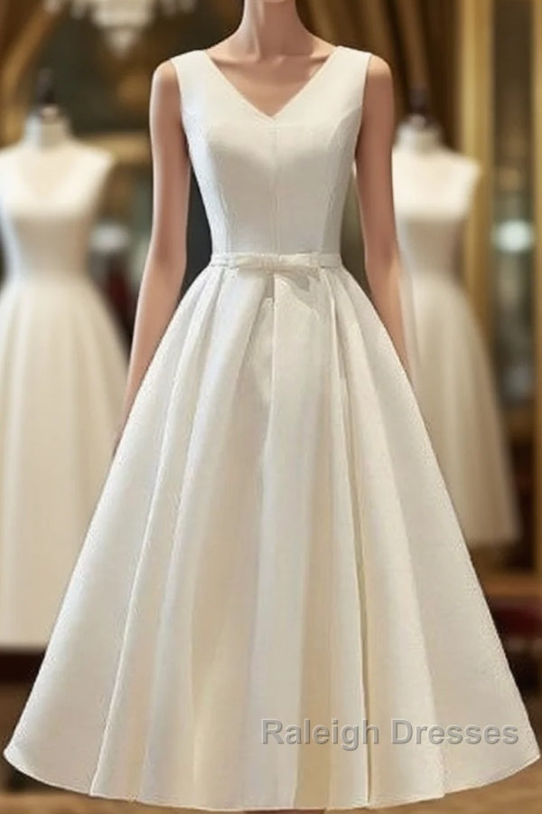 Chic Lace Up Tea Length Vintage Satin Ivory Wedding Dresses Main image