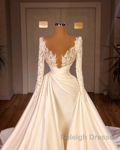Chic Long A Line Cathedral V Neck Satin Lace Wedding Dresses With Sleeves