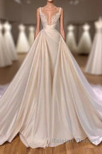 Chic Long A Line Sleeveless Spaghetti Strap Cathedral V Neck Satin Lace Wedding Dresses
