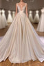 Chic Long A Line Sleeveless Spaghetti Strap Cathedral V Neck Satin Lace Wedding Dresses