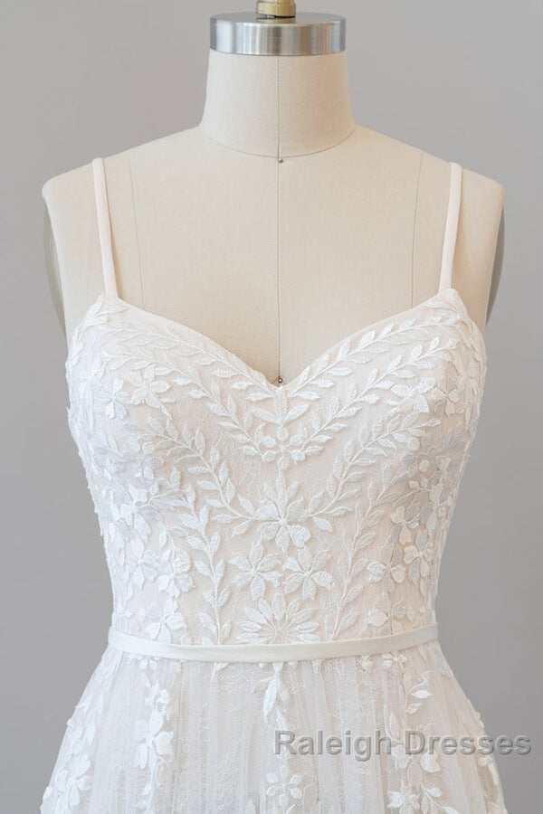 Chic Long A Line Sweetheart Spaghetti Strap Appliques Tulle Wedding Dresses