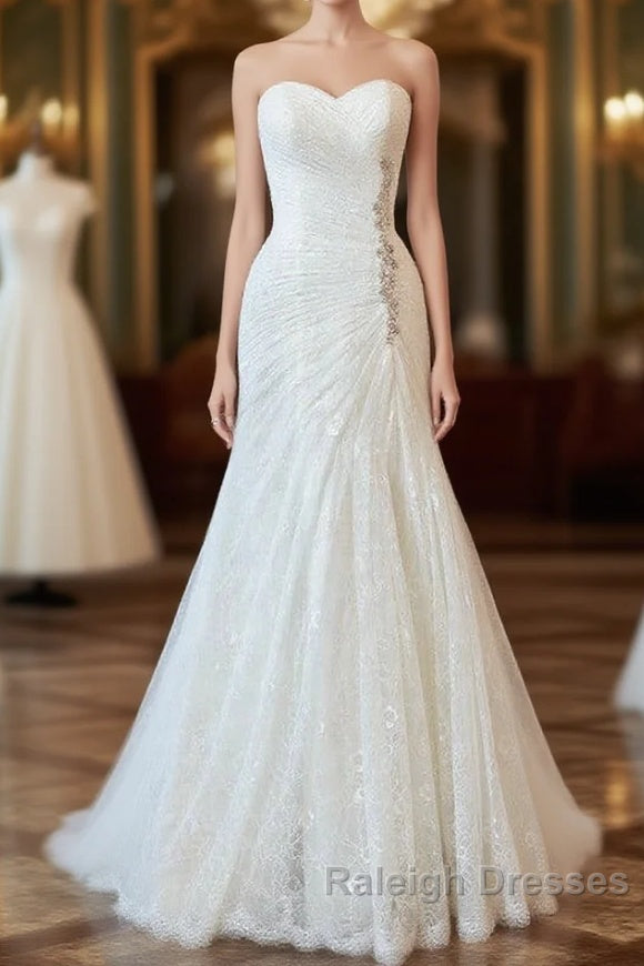 Chic Long Sheath Strapless Ruffle Lace Wedding Dresses Main image