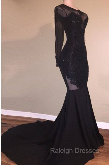 Chic Mermaid Black Long-Sleeves Backless Appliques Prom Prom Gown