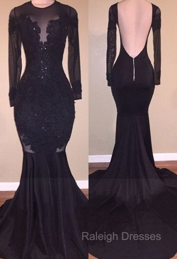Chic Mermaid Black Long-Sleeves Backless Appliques Prom Prom Gown