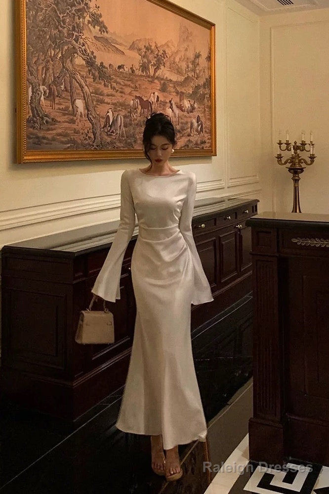 Chic Mermaid Boat Neckline Long Sleeves Silk Satin Prom Dresses Birthday Dress