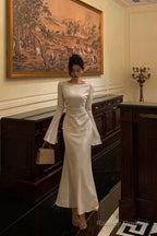 Chic Mermaid Boat Neckline Long Sleeves Silk Satin Prom Dress Birthday Dresses