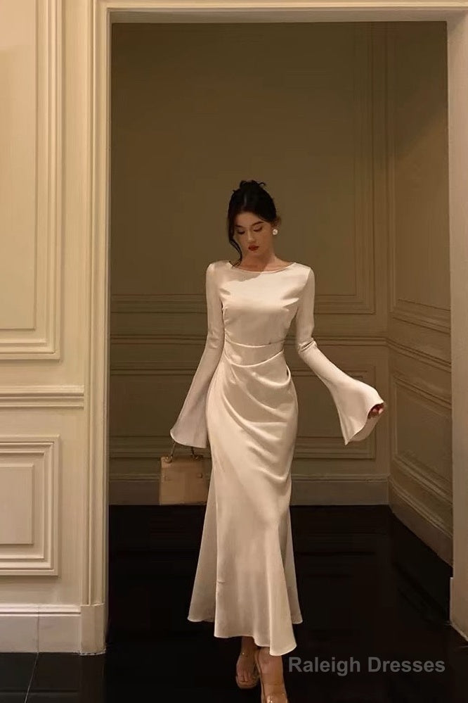 Chic Mermaid Boat Neckline Long Sleeves Silk Satin Prom Dresses Birthday Dress Main image