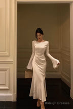 Chic Mermaid Boat Neckline Long Sleeves Silk Satin Prom Dresses Birthday Dress