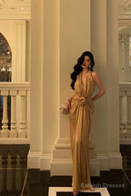 Chic Mermaid Halter Gold Long Ruffles Prom Dresses Birthday Dress