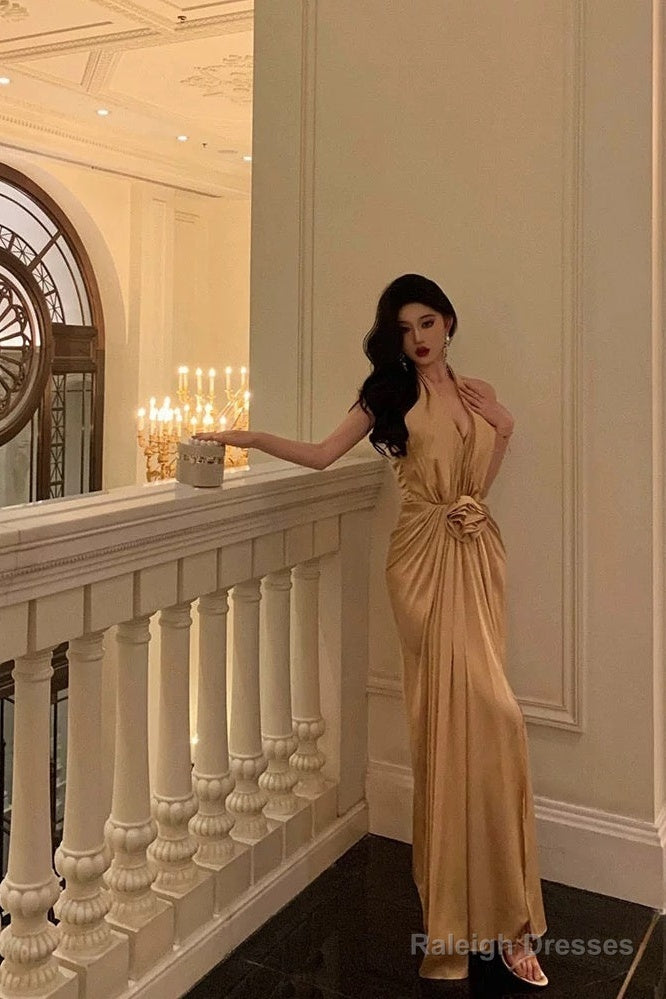 Chic Mermaid Halter Gold Long Ruffles Prom Dresses Birthday Dress