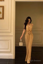 Chic Mermaid Halter Gold Long Ruffles Prom Dress Birthday Dresses