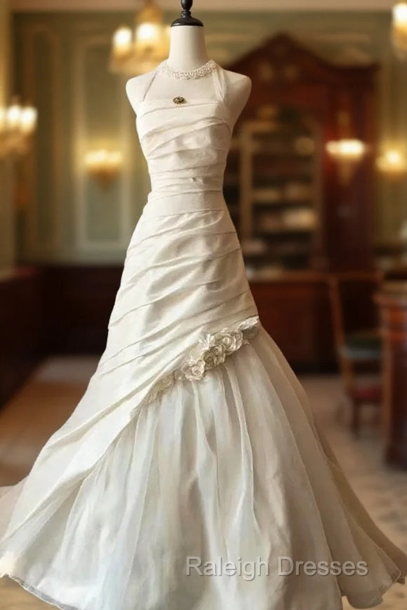 Chic Mermaid Halter Satin Ivory Long Wedding Dresses Bridal Dress Main image