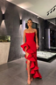 Chic Mermaid Scoop Neck Spaghetti Straps Satin Red Prom Dress