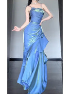 Chic Mermaid Spaghetti Straps Blue Prom Dresses Long Birthday Dress Birthday Outfits