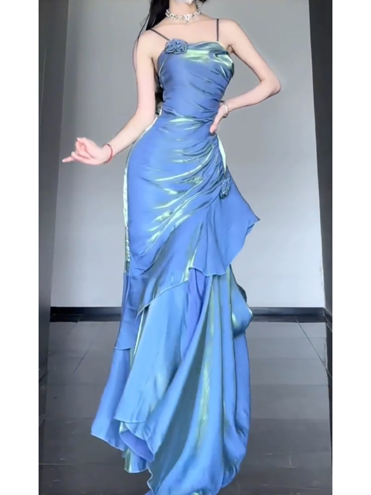 Chic Mermaid Spaghetti Straps Blue Prom Dresses Long Birthday Dress Birthday Outfits