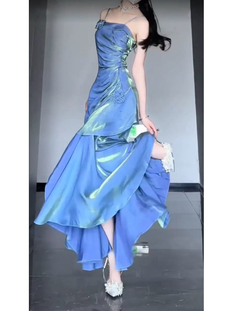 Chic Mermaid Spaghetti Straps Blue Prom Dresses Long Birthday Dress Birthday Outfits Main image