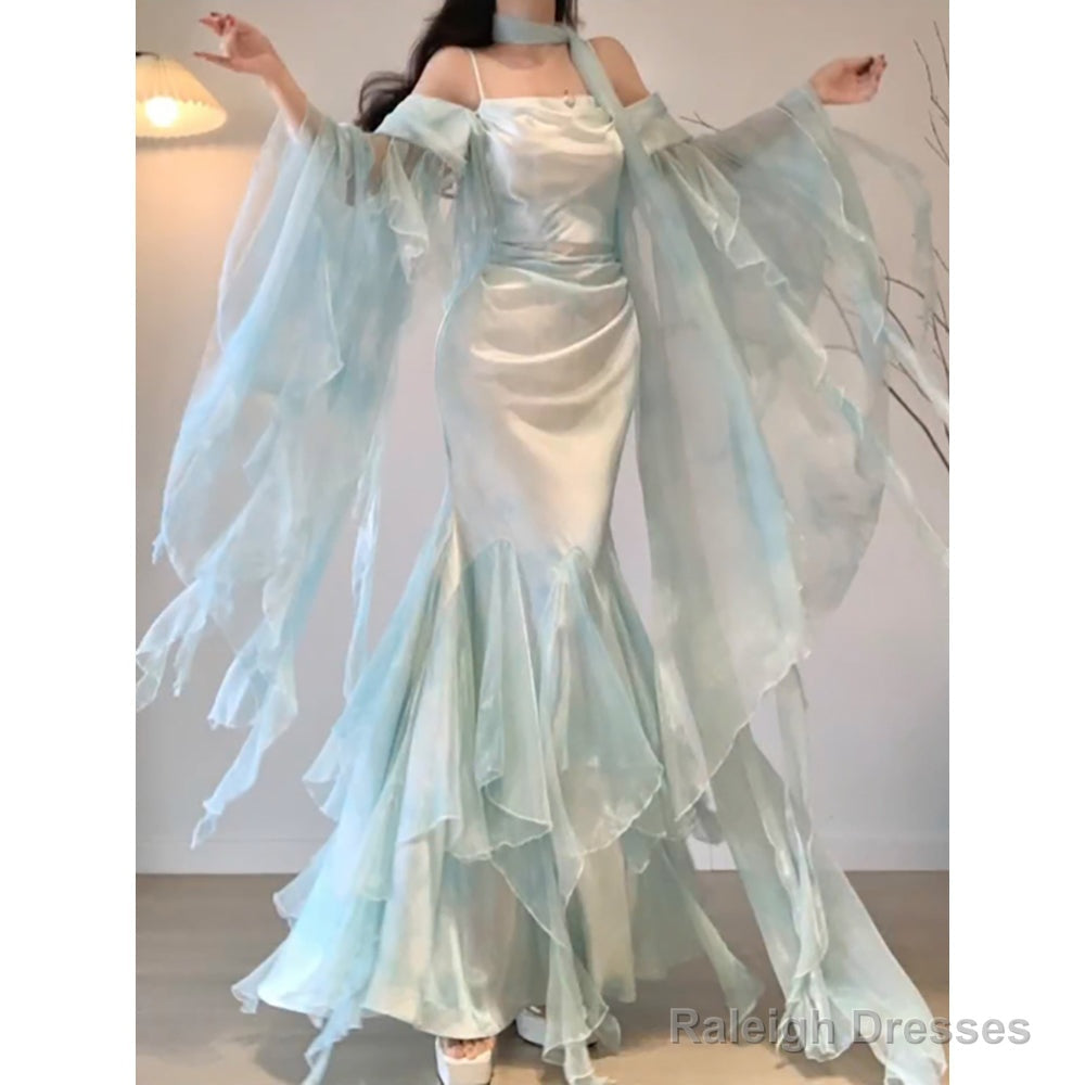 Chic Mermaid Spaghetti Straps Light Green Chiffon Prom Dresses Long Birthday Dress Birthday Outfits