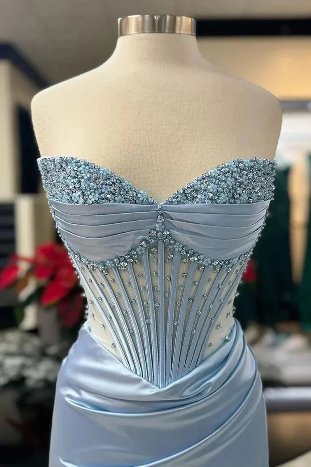 Chic Mermaid Spaghetti StrapsSatin Long Prom Dresses With Beading Wedding Guest Dresses