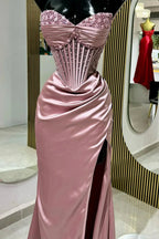 Chic Mermaid Spaghetti StrapsSatin Long Prom Dresses With Beading Wedding Guest Dresses
