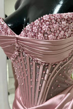 Chic Mermaid Spaghetti StrapsSatin Long Prom Dresses With Beading Wedding Guest Dresses