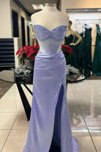 Chic Mermaid Spaghetti StrapsSatin Long Prom Dresses With Beading Wedding Guest Dresses