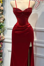 Chic Mermaid Spaghetti StrapsSatin Long Prom Dresses With Beading Wedding Guest Dresses