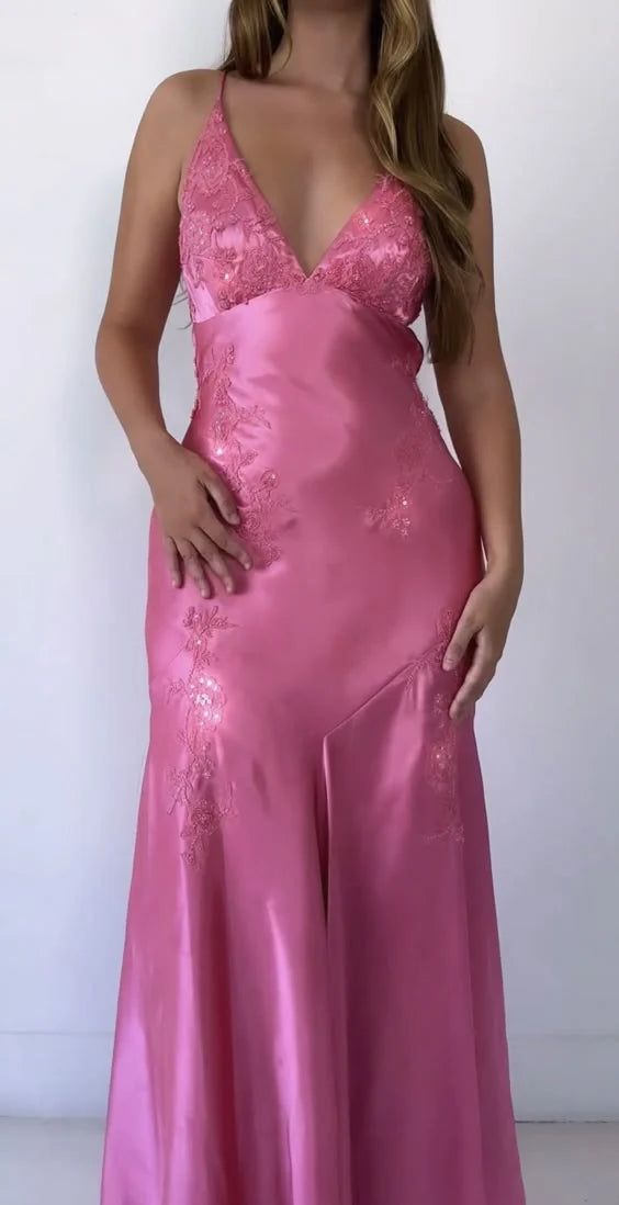 Chic Mermaid Spaghetti Straps Pink Satin Evening Dress Long Prom Dresses Main image