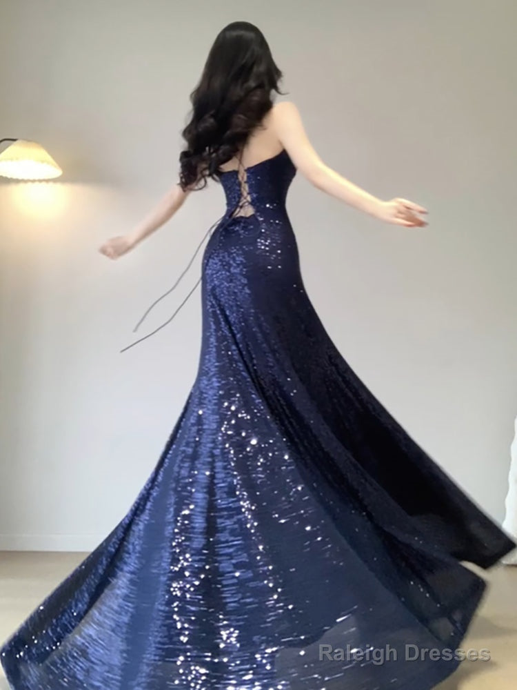Chic Mermaid Spaghetti Straps Sequin Blue Prom Dresses Birthday Dress Birthday Outfits