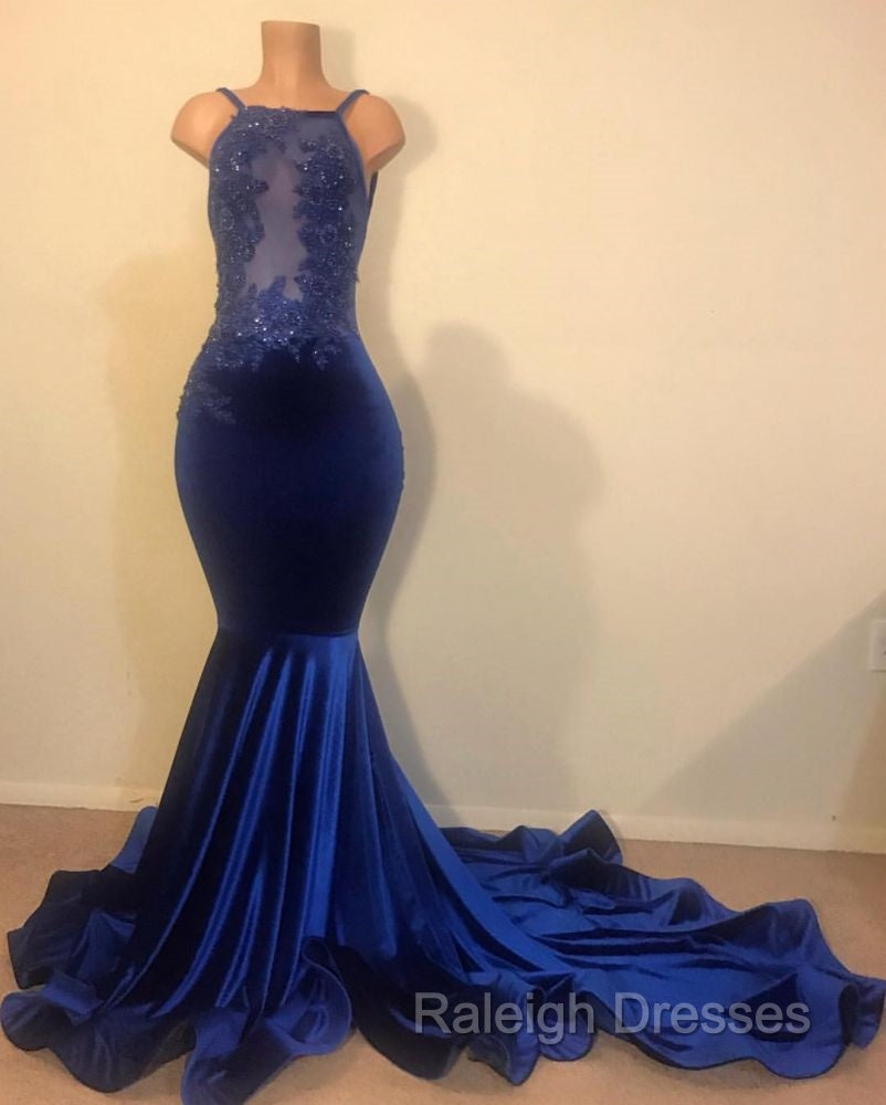 Chic Mermaid Spahgetti-Straps Openback Velvet Applique Prom Party Gowns Secondary image