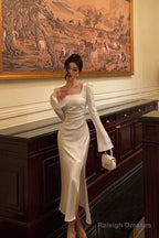 Chic Mermaid Square Neckline Long Sleeves Slit Prom Dresses Birthday Outfits