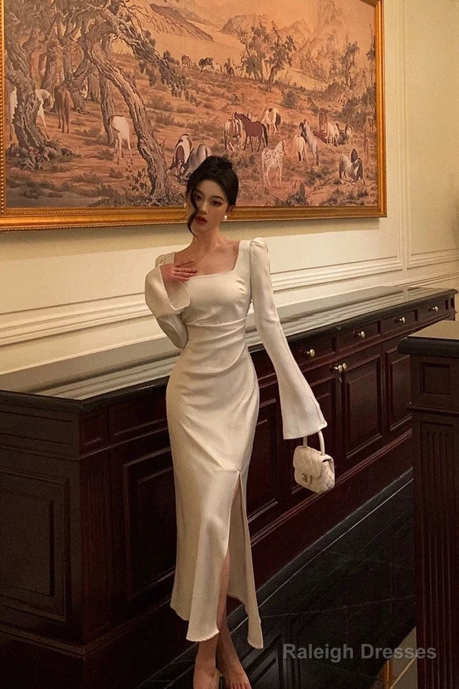 Chic Mermaid Square Neckline Long Sleeves Slit Prom Dresses Birthday Outfits