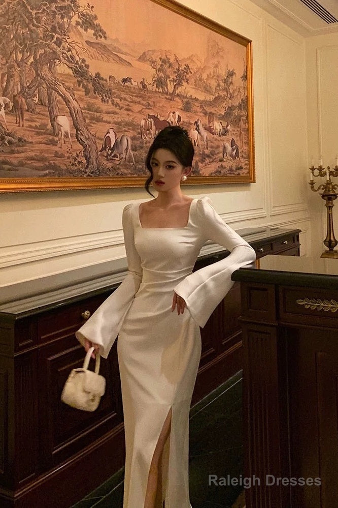 Chic Mermaid Square Neckline Long Sleeves Slit Prom Dresses Birthday Outfits