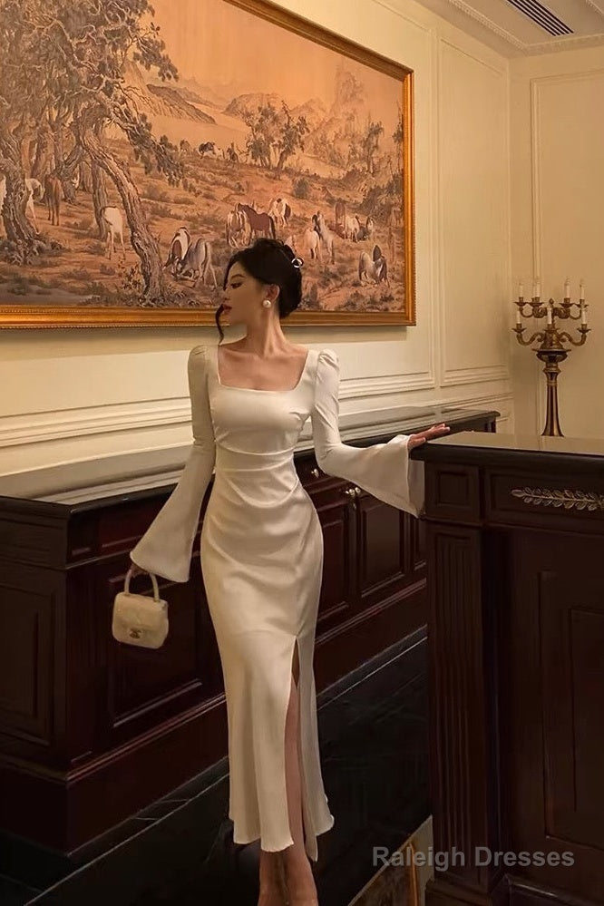 Chic Mermaid Square Neckline Long Sleeves Slit Prom Dresses Birthday Outfits Main image