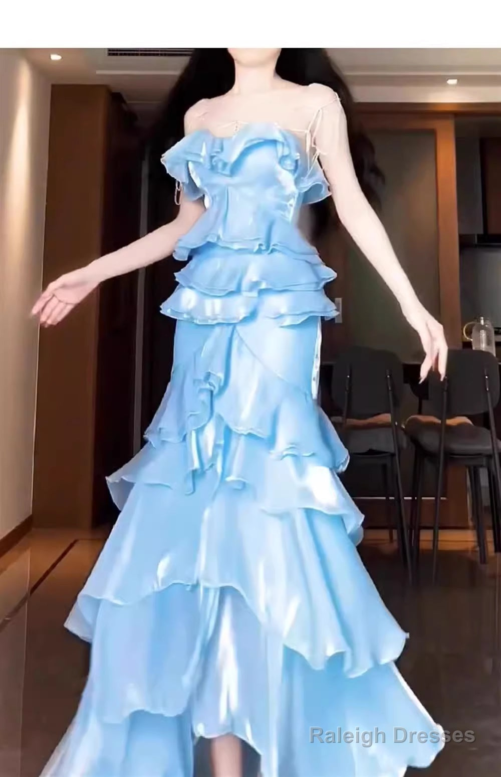 Chic Mermaid Strapless Light Sky Blue Chiffon Ruffles Long Prom Dresses Birthday Outfits Secondary image