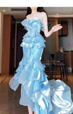 Chic Mermaid Strapless Light Sky Blue Chiffon Ruffles Prom Dress Long Birthday Outfits
