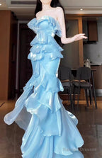 Chic Mermaid Strapless Light Sky Blue Chiffon Ruffles Long Prom Dresses Birthday Outfits