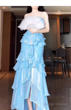 Chic Mermaid Strapless Light Sky Blue Chiffon Ruffles Prom Dress Long Birthday Outfits