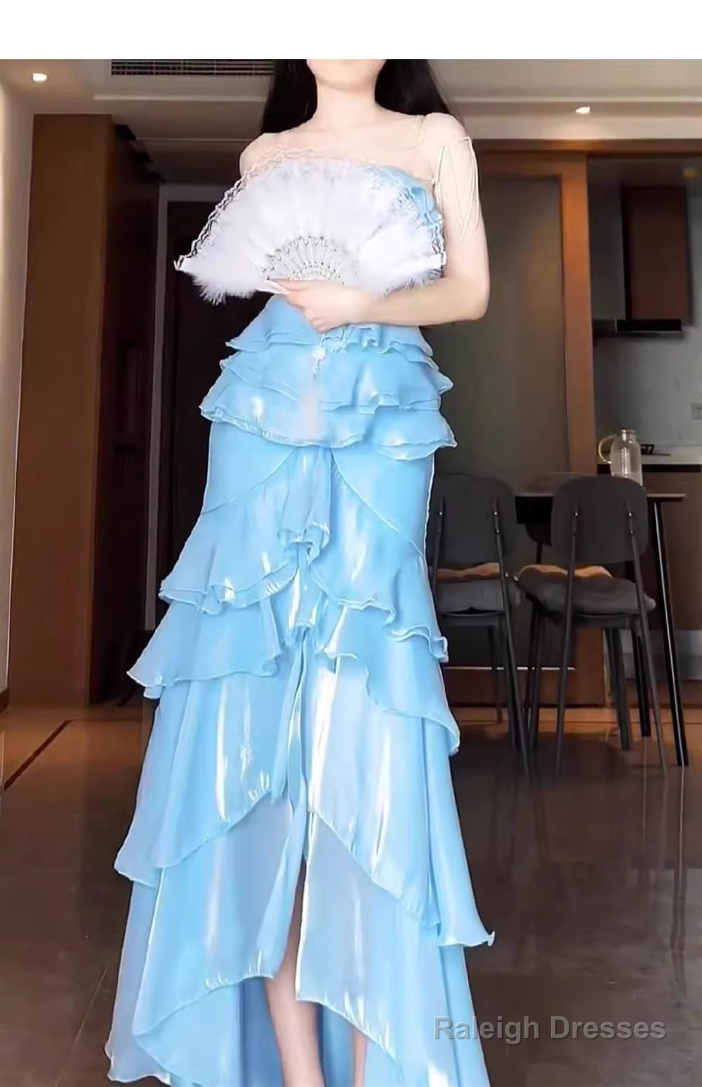 Chic Mermaid Strapless Light Sky Blue Chiffon Ruffles Prom Dress Long Birthday Outfits