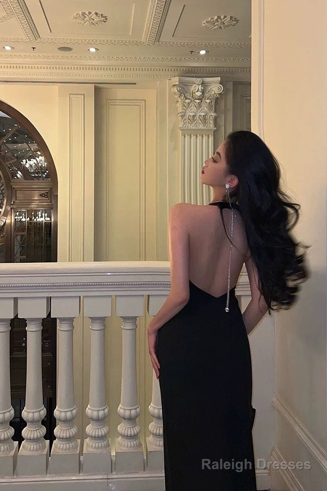 Chic Mermaid V Neckline Backless Black Slit Prom Dress Birthday Outfits