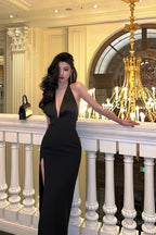Chic Mermaid V Neckline Backless Black Slit Prom Dresses Birthday Outfits
