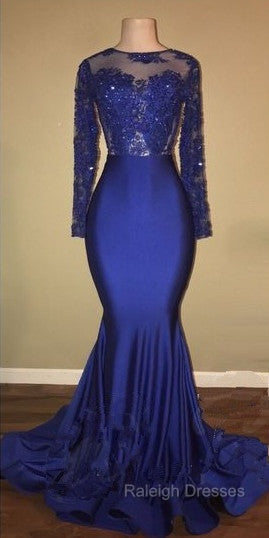 Chic Open Back Royal Blue Real Model Prom Dresses Lace Long Sleeves Mermaid Prom Gowns