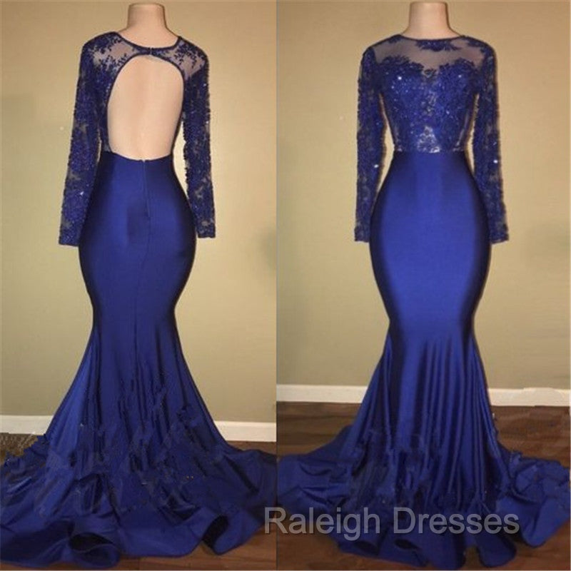 Chic Open Back Royal Blue Real Model Prom Dresses Lace Long Sleeves Mermaid Prom Gowns