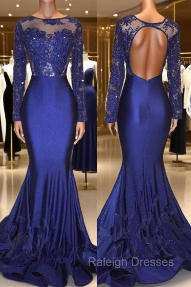 Chic Open Back Royal Blue Real Model Prom Dresses Lace Long Sleeves Mermaid Prom Gowns Main image